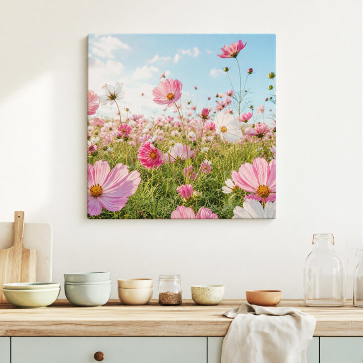 Leinwandbild Rosa Kosmeen im Sonnenlicht