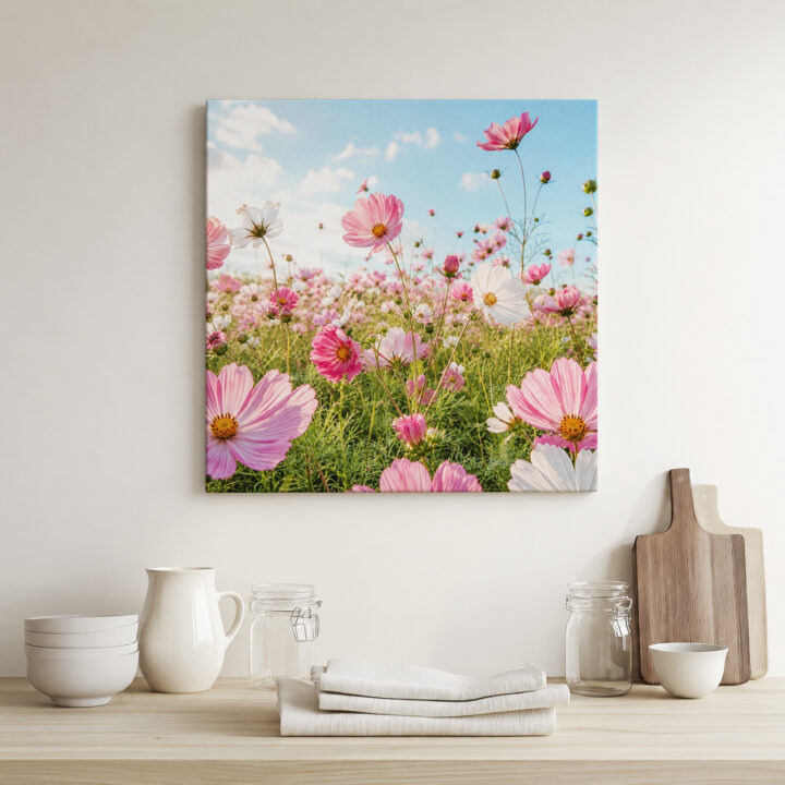 Leinwandbild Rosa Kosmeen im Sonnenlicht