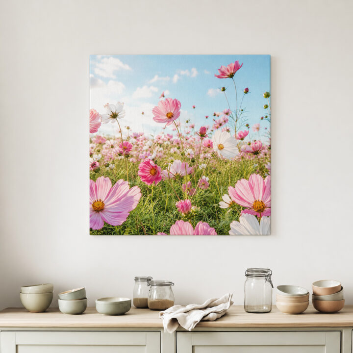 Leinwandbild Rosa Kosmeen im Sonnenlicht