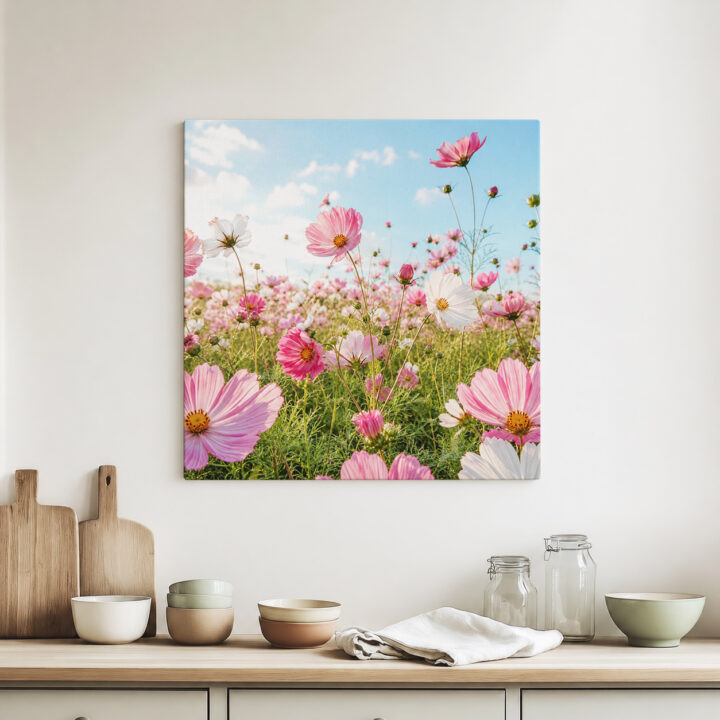 Leinwandbild Rosa Kosmeen im Sonnenlicht