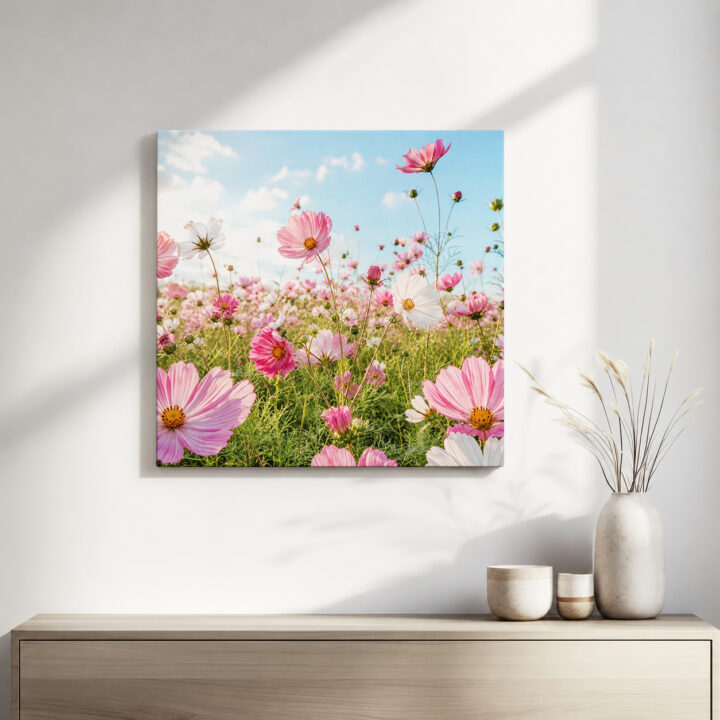 Leinwandbild Rosa Kosmeen im Sonnenlicht
