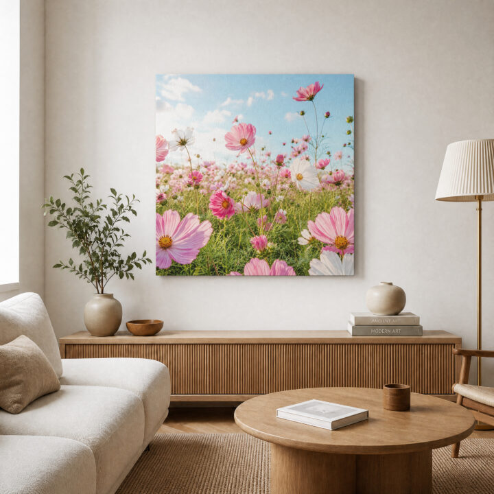 Leinwandbild Rosa Kosmeen im Sonnenlicht