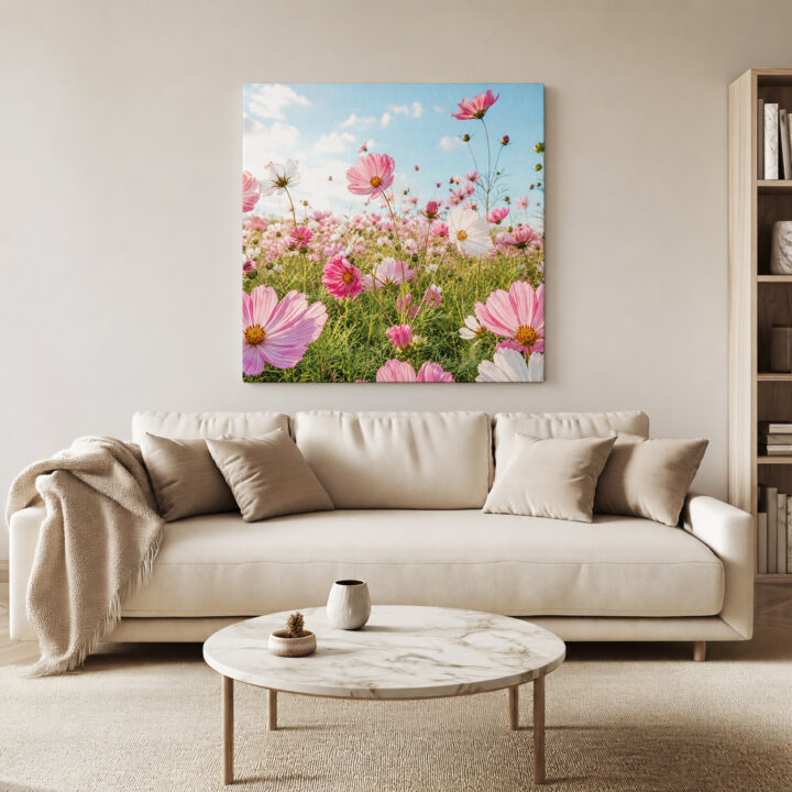Leinwandbild Rosa Kosmeen im Sonnenlicht