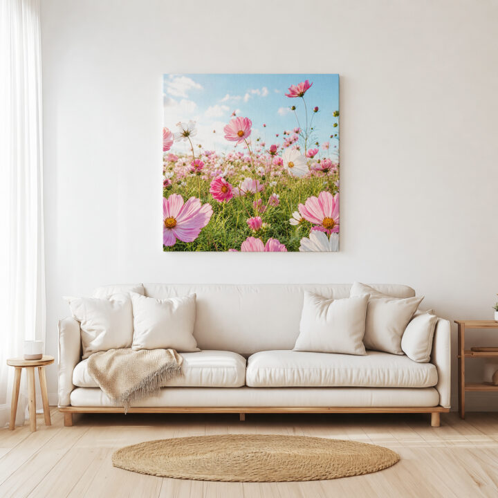 Leinwandbild Rosa Kosmeen im Sonnenlicht