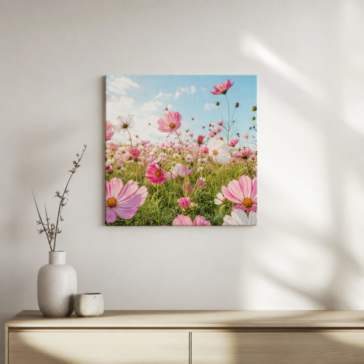 Leinwandbild Rosa Kosmeen im Sonnenlicht