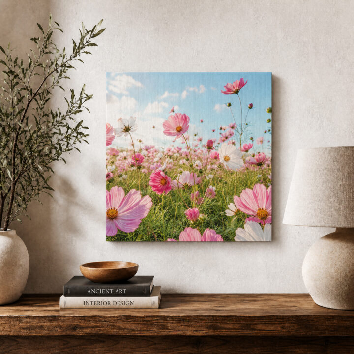 Leinwandbild Rosa Kosmeen im Sonnenlicht