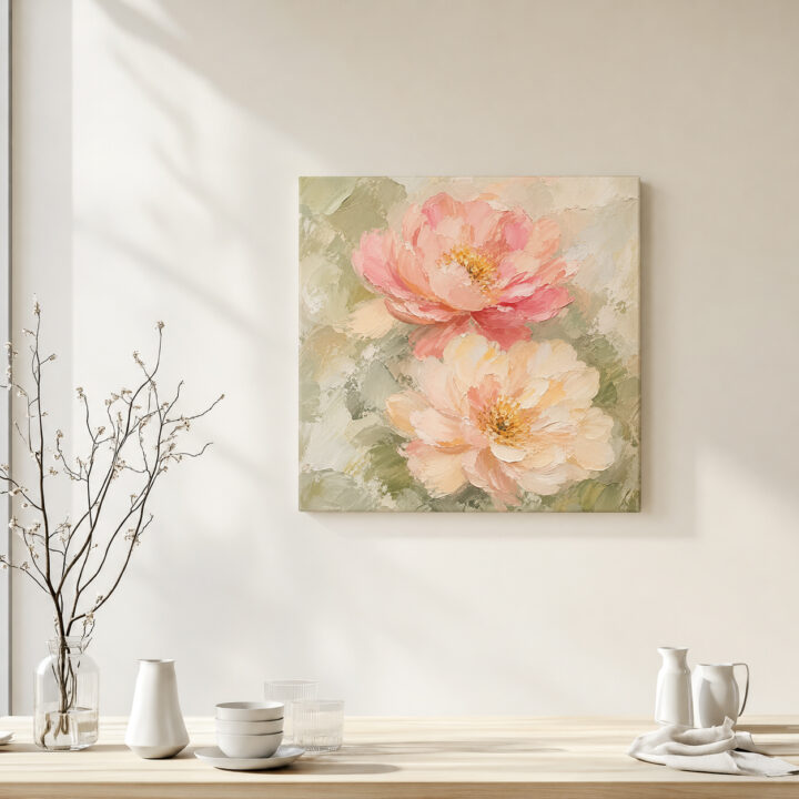 Leinwandbild Pastellblüten auf Salbeigrün