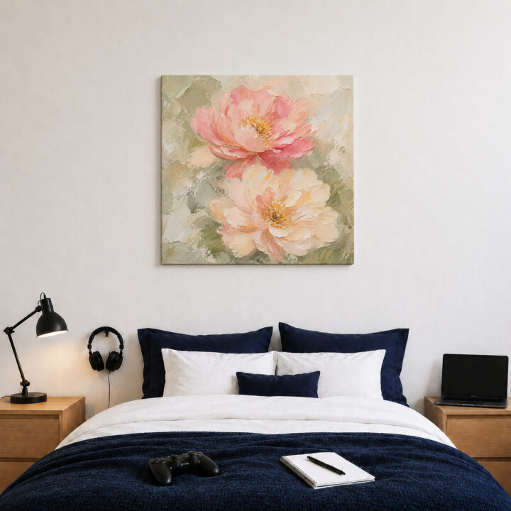 Leinwandbild Pastellblüten auf Salbeigrün