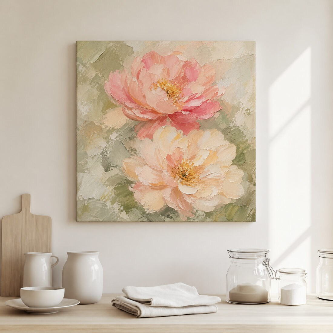 Leinwandbild Pastellblüten auf Salbeigrün