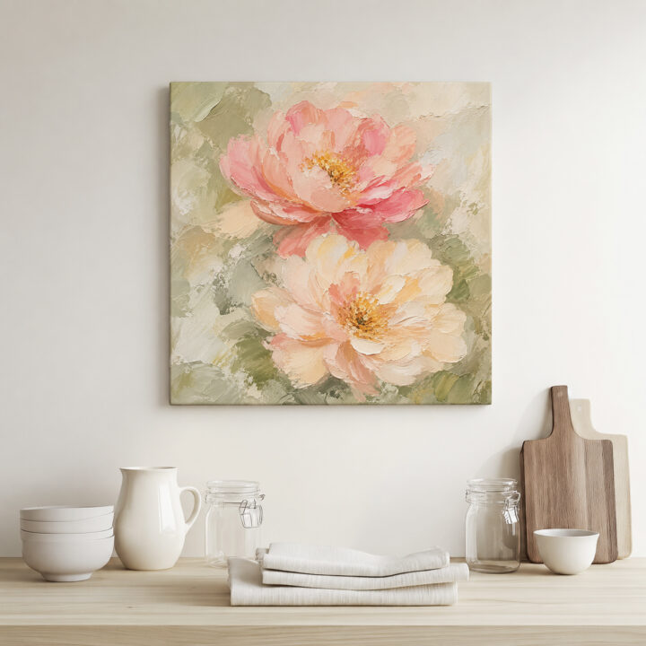Leinwandbild Pastellblüten auf Salbeigrün