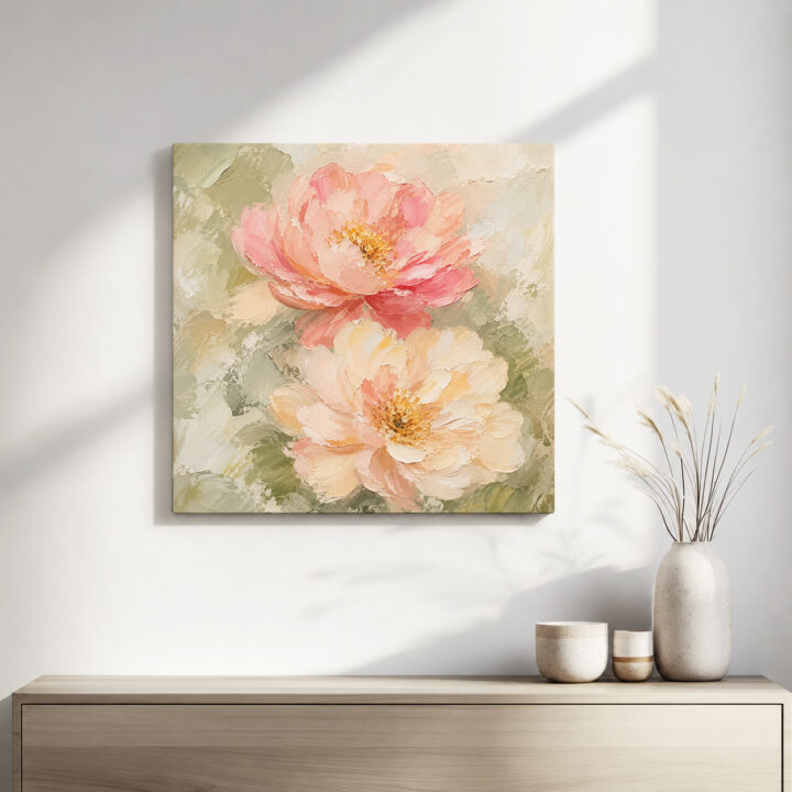 Leinwandbild Pastellblüten auf Salbeigrün