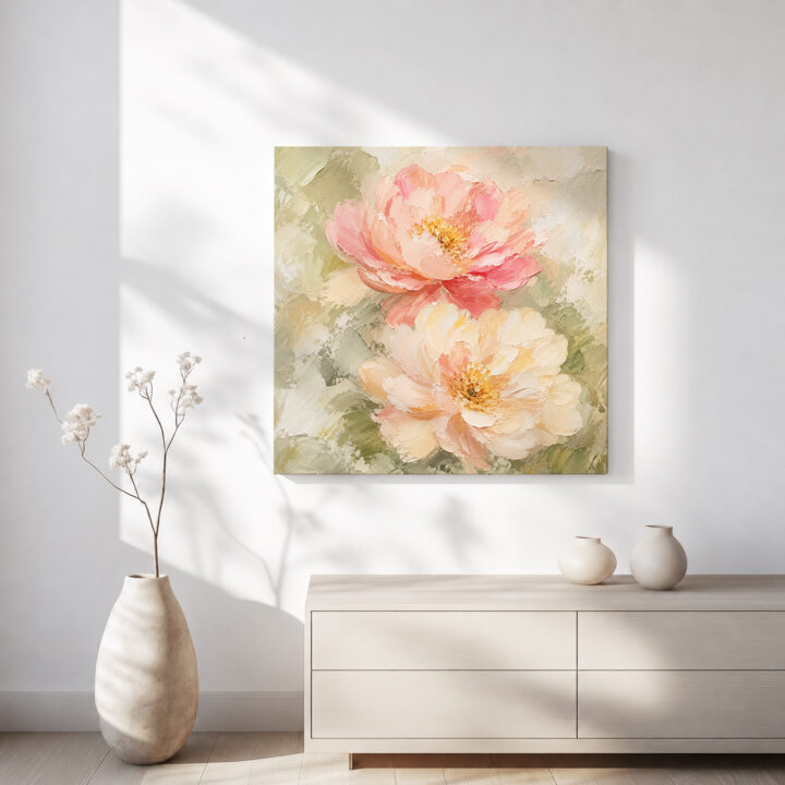 Leinwandbild Pastellblüten auf Salbeigrün