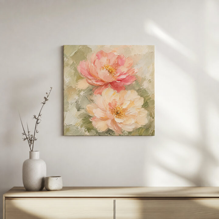Leinwandbild Pastellblüten auf Salbeigrün