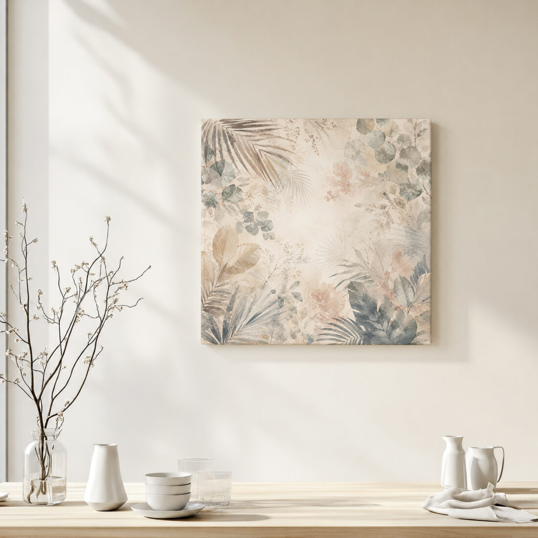 Leinwandbild Botanische Blätter auf Beige