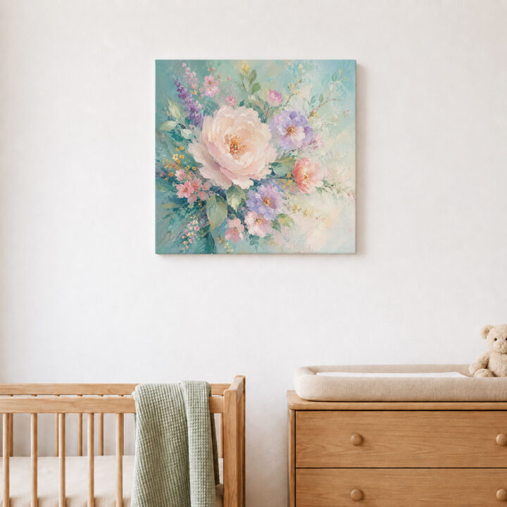 Leinwandbild Rosa Blumen auf Mint