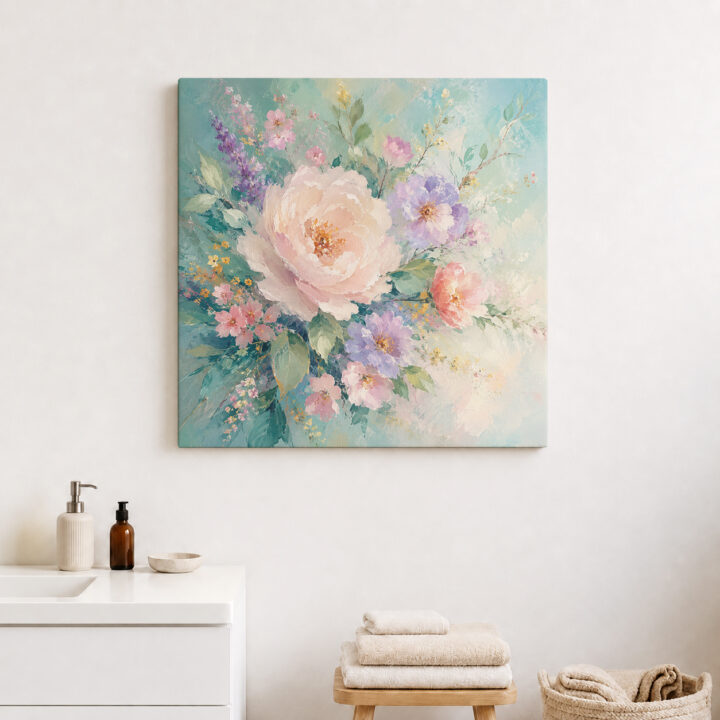 Leinwandbild Rosa Blumen auf Mint