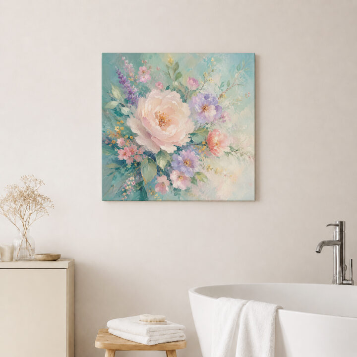 Leinwandbild Rosa Blumen auf Mint