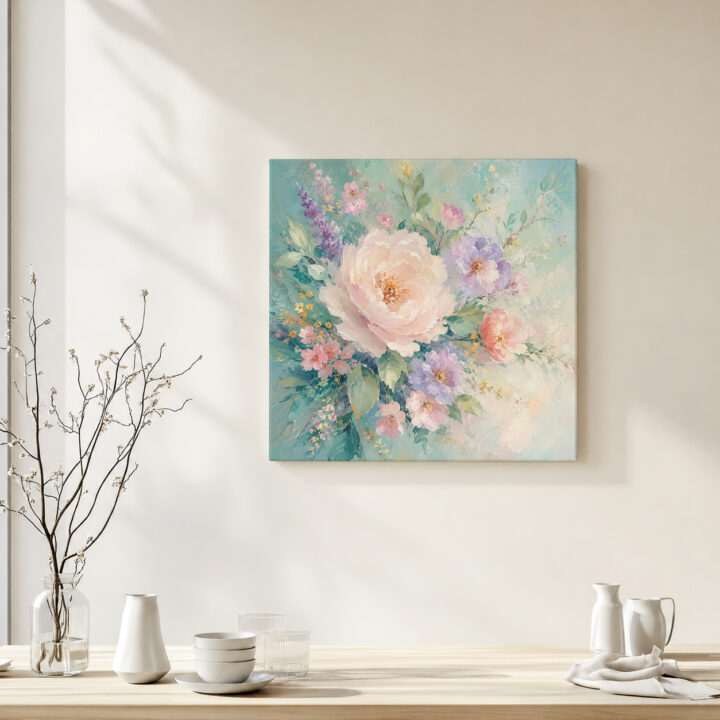 Leinwandbild Rosa Blumen auf Mint