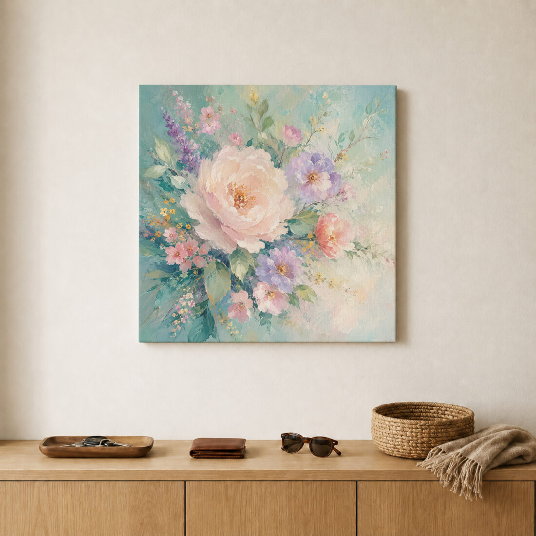Leinwandbild Rosa Blumen auf Mint