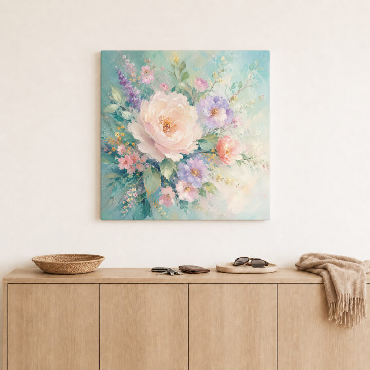 Leinwandbild Rosa Blumen auf Mint