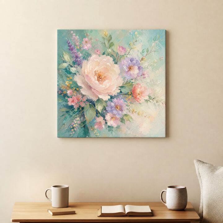 Leinwandbild Rosa Blumen auf Mint