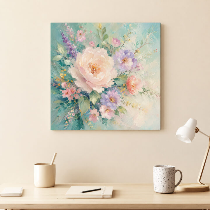 Leinwandbild Rosa Blumen auf Mint