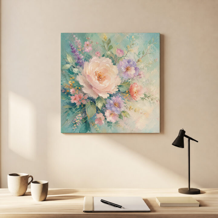 Leinwandbild Rosa Blumen auf Mint