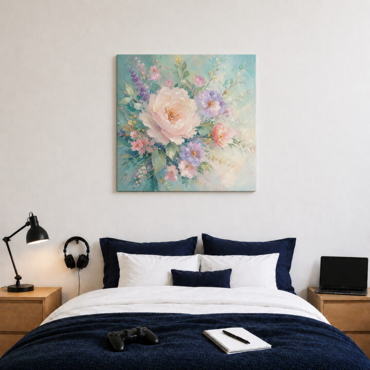 Leinwandbild Rosa Blumen auf Mint
