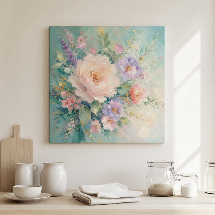 Leinwandbild Rosa Blumen auf Mint