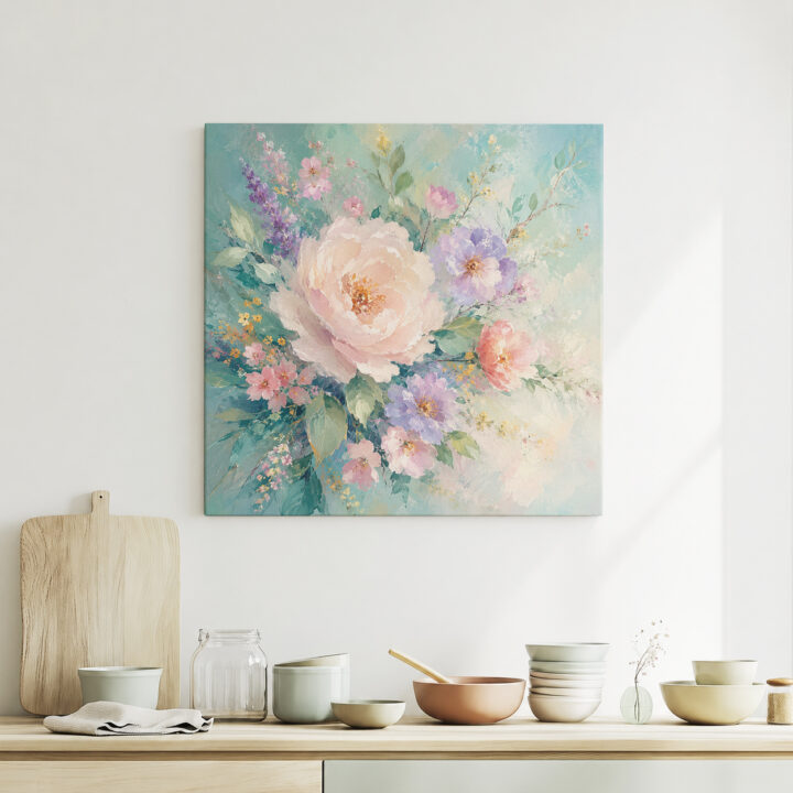 Leinwandbild Rosa Blumen auf Mint
