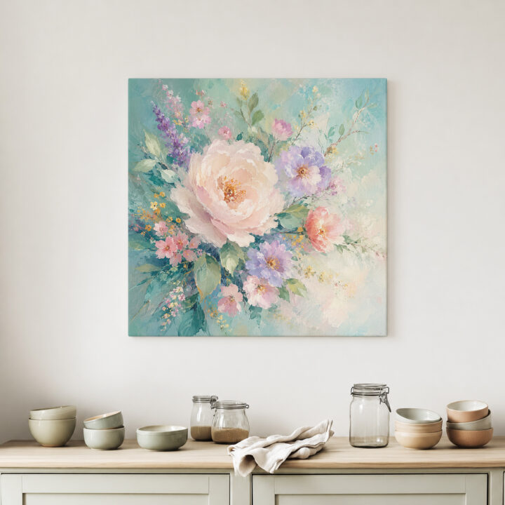 Leinwandbild Rosa Blumen auf Mint