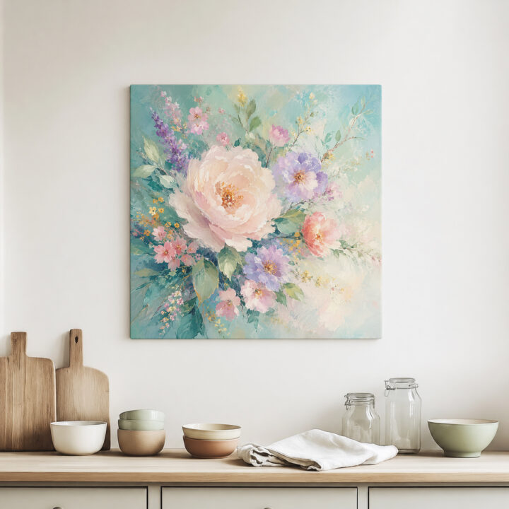 Leinwandbild Rosa Blumen auf Mint