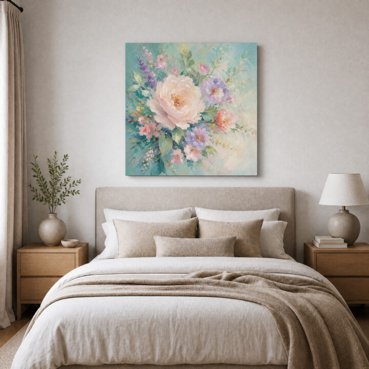 Leinwandbild Rosa Blumen auf Mint