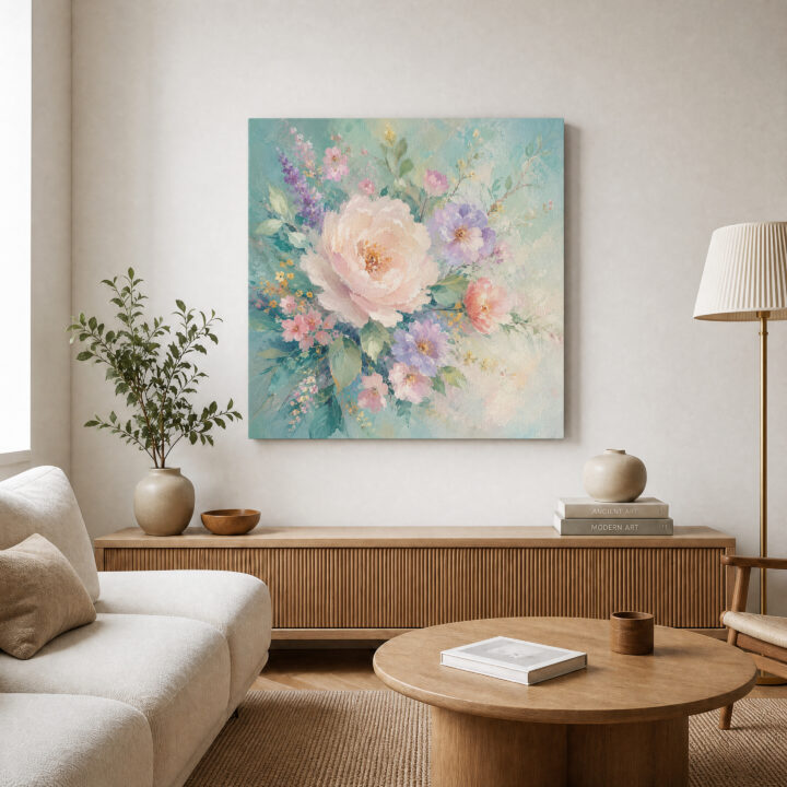 Leinwandbild Rosa Blumen auf Mint