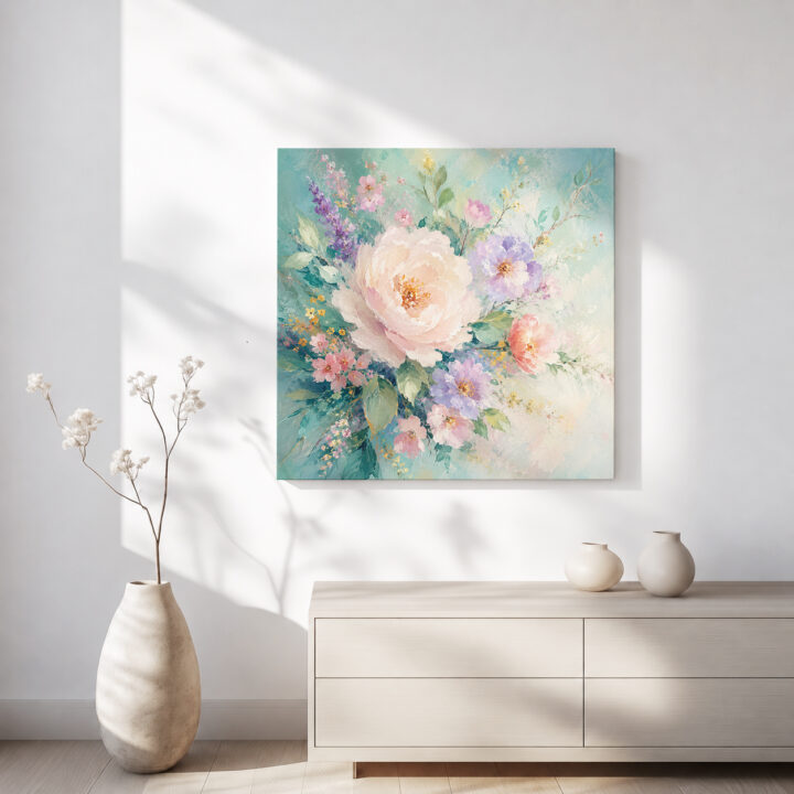 Leinwandbild Rosa Blumen auf Mint