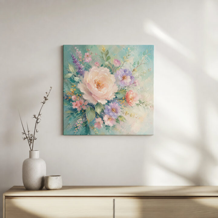 Leinwandbild Rosa Blumen auf Mint