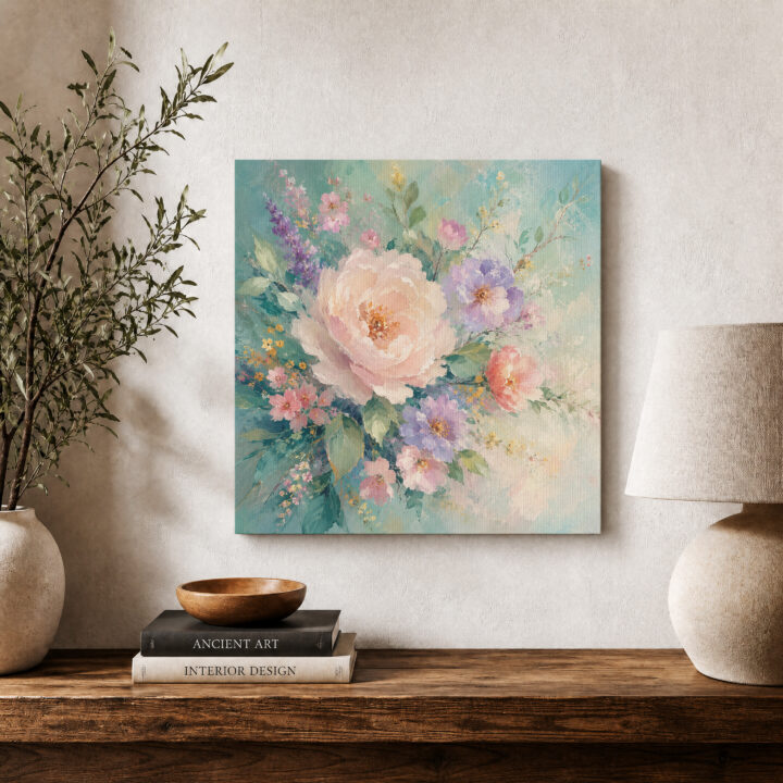 Leinwandbild Rosa Blumen auf Mint