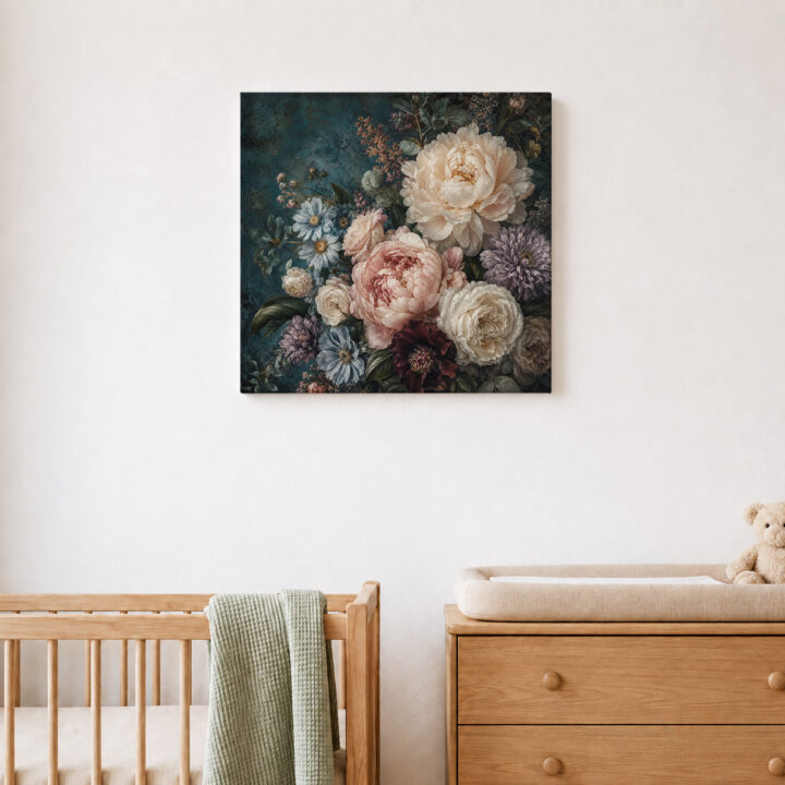 Leinwandbild Blumenstillleben auf Petrol