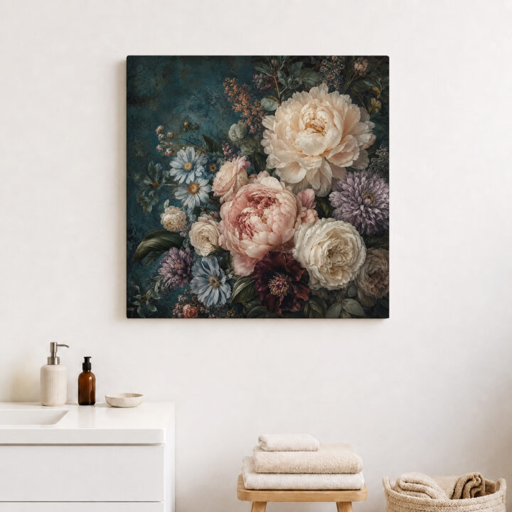 Leinwandbild Blumenstillleben auf Petrol