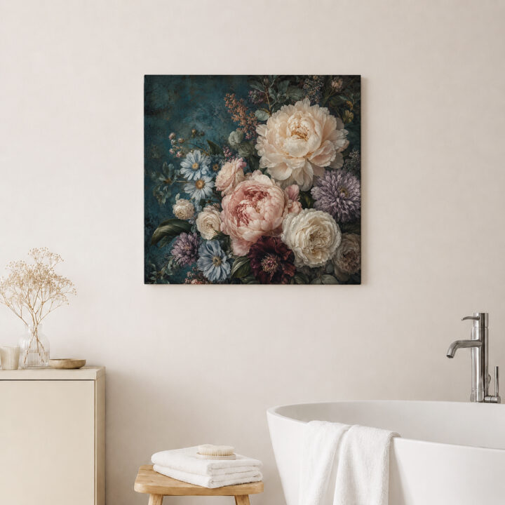 Leinwandbild Blumenstillleben auf Petrol