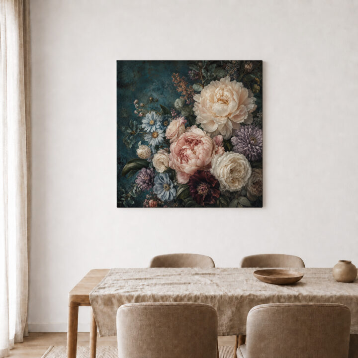 Leinwandbild Blumenstillleben auf Petrol
