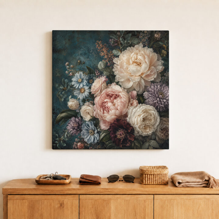 Leinwandbild Blumenstillleben auf Petrol