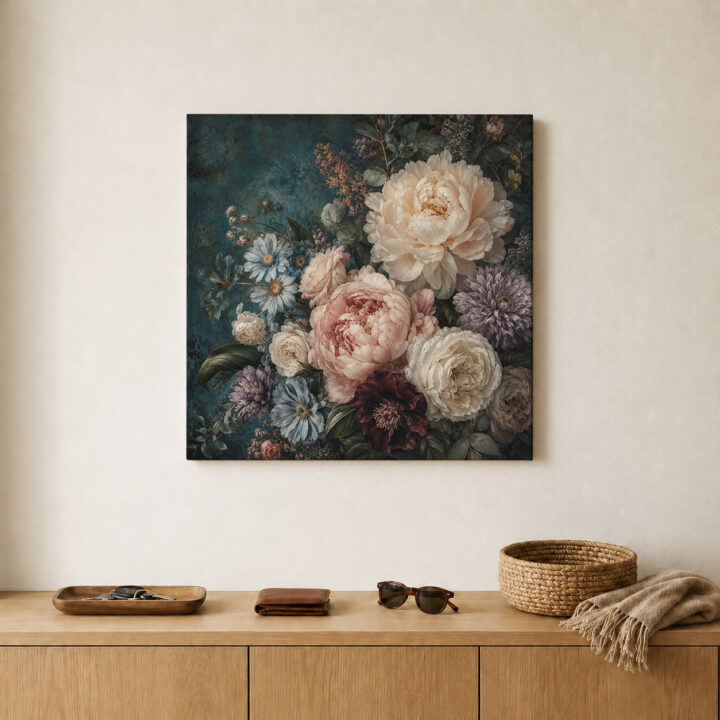 Leinwandbild Blumenstillleben auf Petrol