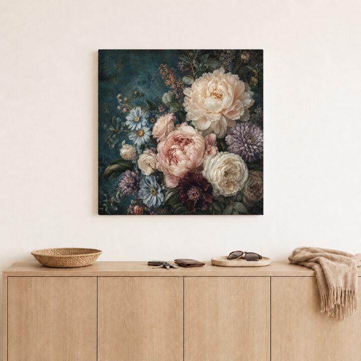 Leinwandbild Blumenstillleben auf Petrol