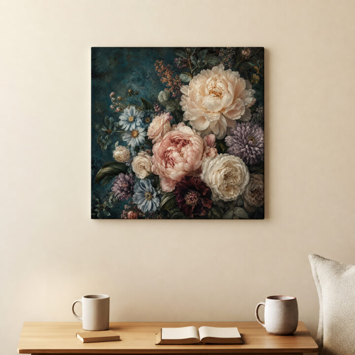 Leinwandbild Blumenstillleben auf Petrol