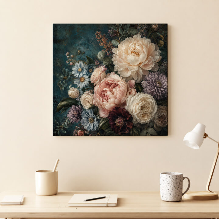 Leinwandbild Blumenstillleben auf Petrol