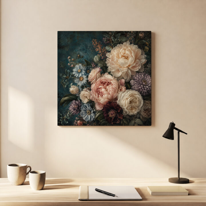 Leinwandbild Blumenstillleben auf Petrol