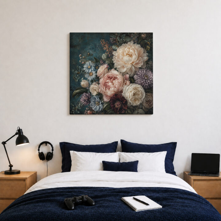 Leinwandbild Blumenstillleben auf Petrol