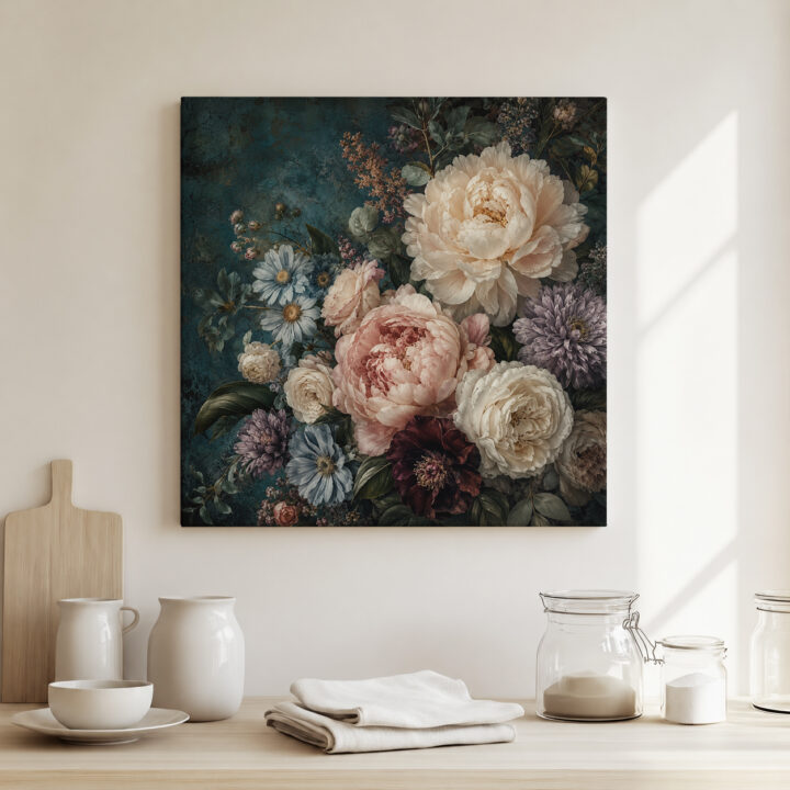Leinwandbild Blumenstillleben auf Petrol