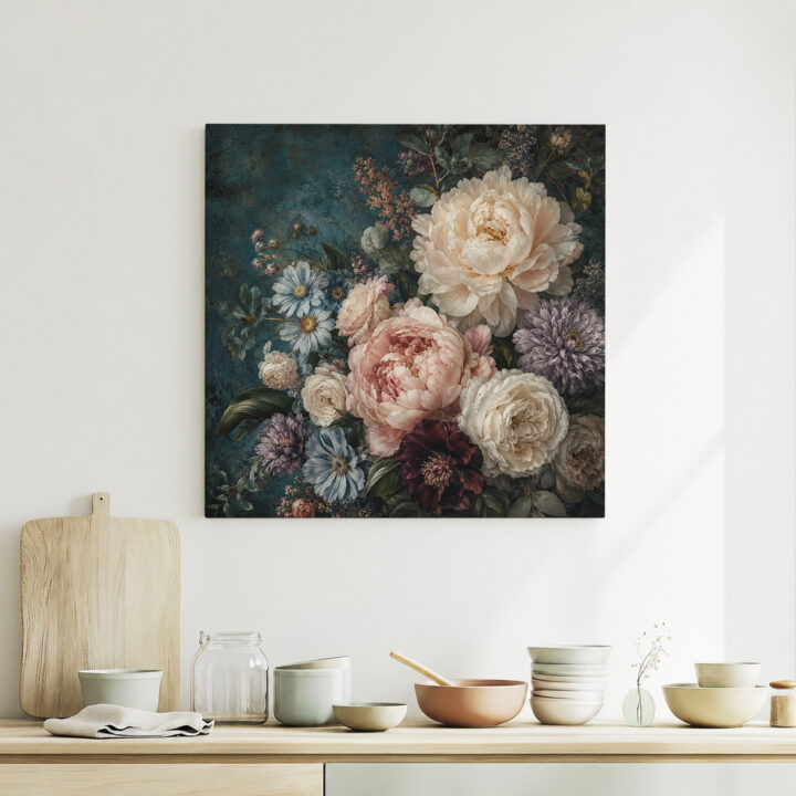 Leinwandbild Blumenstillleben auf Petrol